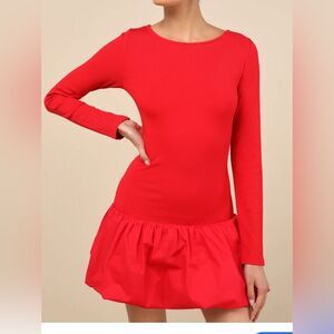 Lulus Red Long Sleeve Dress Boat Neck Mini Dress size L